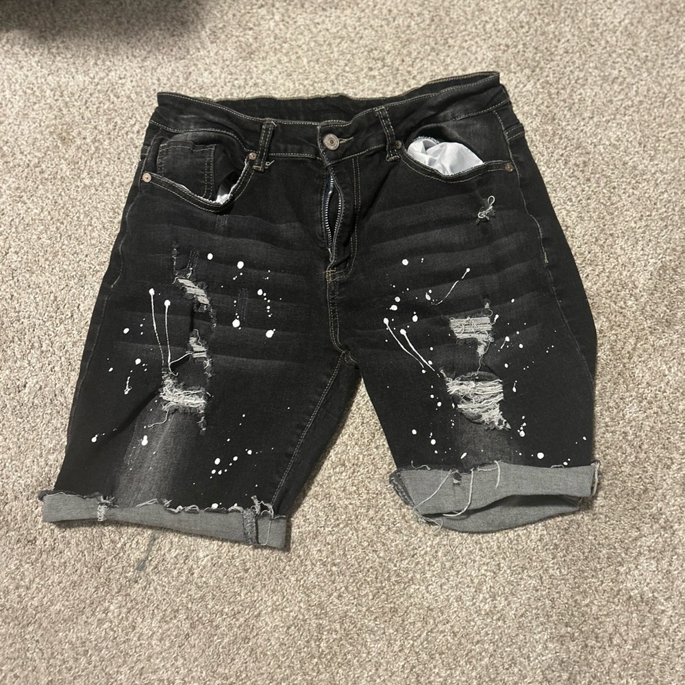 Women's Paint Splatter Black Distressed Denim Shorts